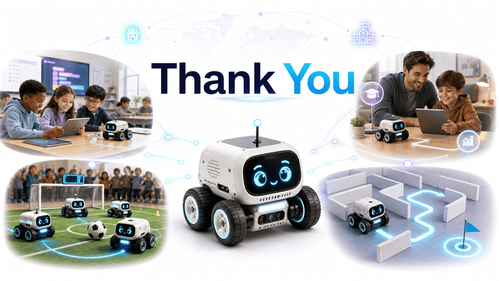 Future vision of SaySpark robots solving mazes, playing robot soccer, and learning in homes and classrooms