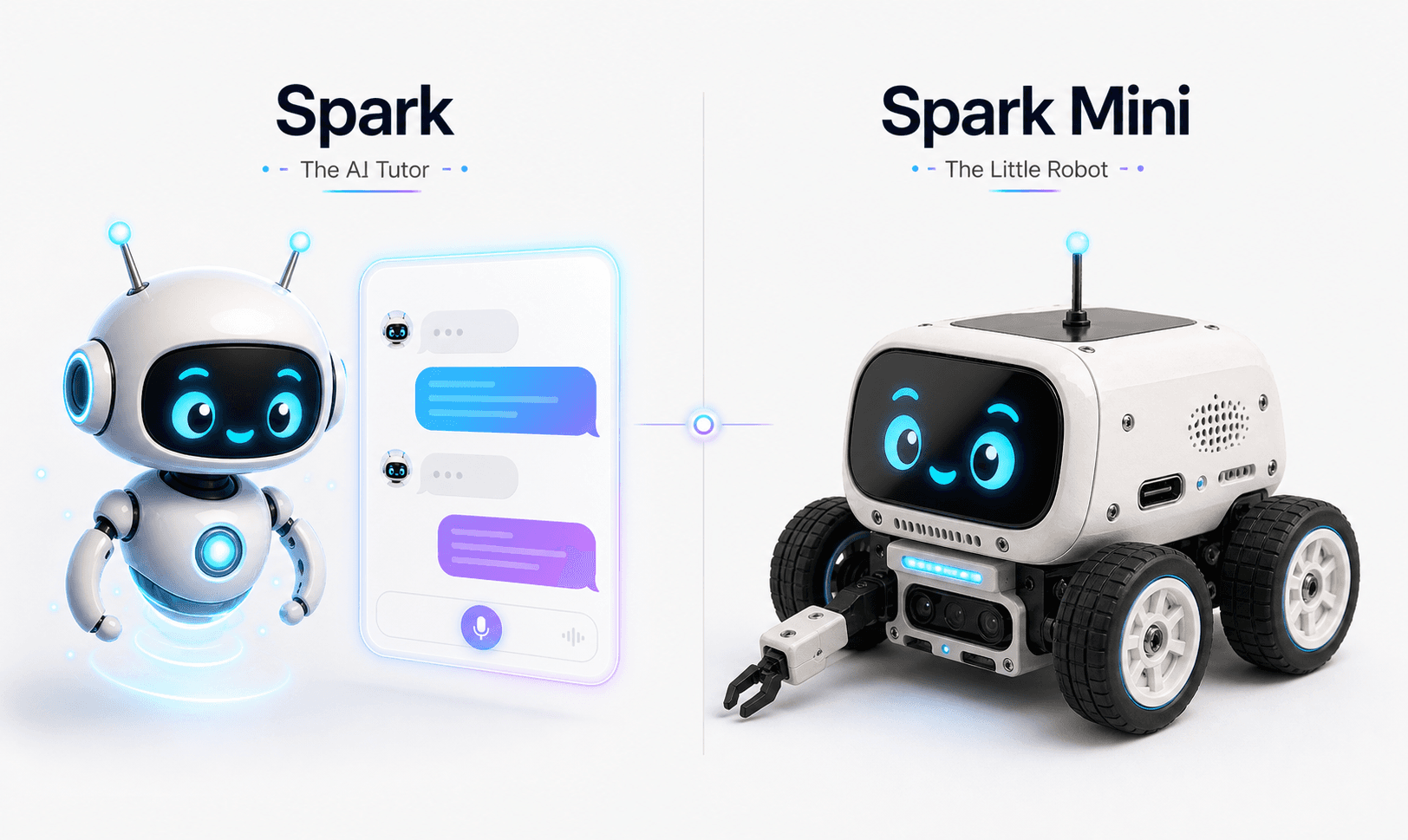 Spark AI tutor interface and Spark Mini robot shown side by side