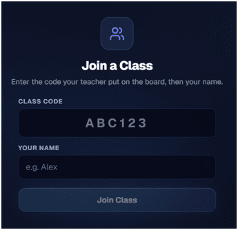 Join a Class screen where a student enters the class code