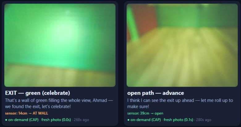 Two frames from Spark Mini's onboard camera during a maze run, labeled with the tutor's decisions: advance on the open path, celebrate at the green exit