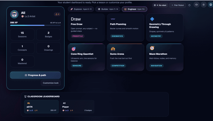 Student dashboard with curriculum lessons, XP and badges